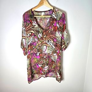 Julie Harrah Silk Mini Kimono Coverup Top Silk Pink Green Bird Print One Size